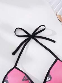 SANRIO 2pcs Women's Pink  Cute Digital Printing,V-Neck,Contrast Lace,Bow Decoration,Three-Point Top&Short Skirt,Sexy Lingerie Set - Black and Pink - View 3