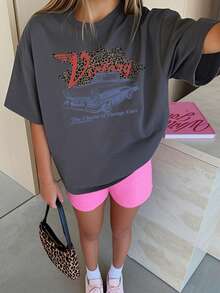 Girls & Kids Casual Leopard Print Vintage Car Graphic Round Neck Short Sleeve T-Shirt, Colorful Pattern Brings Joy To Every Child! Children Clothing, Girls Graphic Tee, Summer Top, Teen Apparel - Dark Grey - View 6