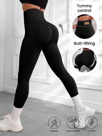 سروال يوغا للنساء ذو خصر عالي يحكم البطن - لون أحادي مرن رافع اللياقة البدنية، منفذ للهواء ومريح، مناسب للجري وتمارين الجيم، ملابس رياضية للربيع والصيف، خليط بوليستر معتم ، مناسب لجميع المواسم