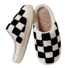 Women Fashion Winter Slippers Indoor Checker Fuzzy Embroidery Warm Comfortable Couple Home Shoes - 黑色 - 查看 3