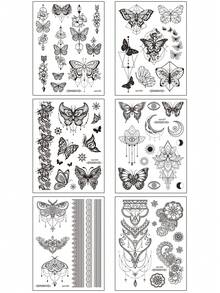 STARTTOOS 2 件/3 件/4 件黑白蕾丝指甲花、蝴蝶、新月和流苏图案临时防水人体艺术纹身贴纸，适合日常、派对、节日礼物、手腕、肩膀、颈部、锁骨 - 黑色 - 查看 6