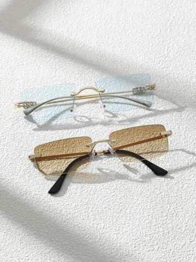 2pcs Summer Pastels Copper Rectangular Rimless Glasses UV Protection Shades For Men Modern Simple Style For Summer Tropical Beach Vacay Family Outings Appointment Outfits Going Out Outfit Fashion Accessories