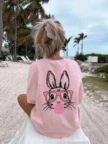 A Casual Printed Round Neck Pullover Short Sleeved T-Shirt For Girls And Boys, Designed For Summer Students And Young Children's Clothing - Cute, Glasses Wearing, Rabbit Animal Series, Artistic Style T-Shirt That Inspires Imagination And Self-Expression! Kids Clothes Girls Graphic Tees Summer Tops Tween Girl Clothes