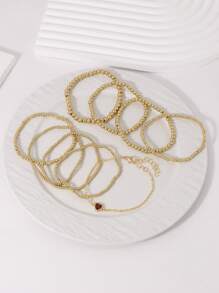 9pcs Fashionable Delicate Gold CCB Beaded Heart Decor Multi-Layer Stacking Bracelet Set, Friendship Bracelet Suitable For Women Daily, Date, Party, Festival Gift