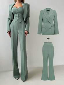 Elegant basic business pendling outfit: Midja åtsittande, vanliga axlar, långärmad kavaj + högmidjade utsvängda byxor, vårkostym - Grön - Visa 7