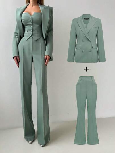 Elegant Basic Business Commute Outfit: Waist-Cinched Regular Shoulder Long Sleeve Blazer + High-Waisted Flared Leg Pants, Suit Set