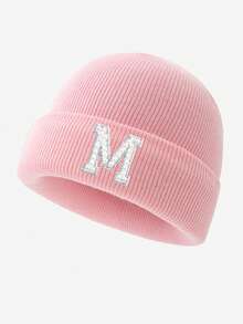 1pc Women's Fashion 26 Faux Pearl Letter Decor Elastic Warm Knit Hat, Outdoor Cold-Proof Cap, Suitable For Autumn/Winter Daily Wear, Matching, Great Gift Autumn Accessories - Pink - View 16