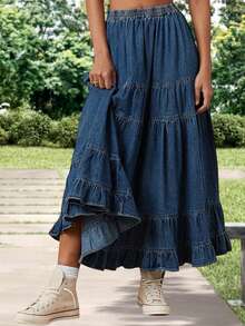 Women Denim Long Tiered Skirt Loose Solid Elastic Waist A-Line Casual Ruffle Jean Skirt Summer Streetwear - 深藍色 - 查看 3