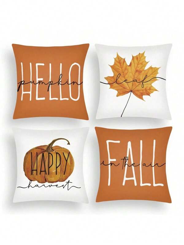 4 Packs Autumn Throw Pillow Covers, Harvest Season Plaid Pumpkin Truck Gnome Print Throw Pillow Case, Thanksgiving Decor Sofa Cushion Pillow Cover, Inserts Not Included