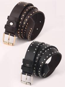 2 件双排金属铆钉朋克风格女士腰带，适合秋季、万圣节 - 黑色+棕色 - 查看 4