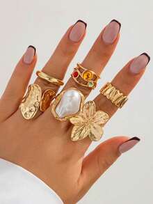 6-14pcs Fashion Punk Asymmetrical Chunky Floral Baroque Faux Pearl Gold Tone Ring Set For Women, Suitable For Holiday, Date, Party, Gift, Daily Wear (No Box) - Yellow Gold - View 12