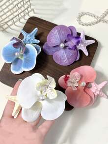 4 piezas de elegantes pasadores de pelo con forma de estrella de mar, concha y orquídea simulada, en estilo de resort de playa, accesorios de pelo versátiles para mujeres, accesorios para el cabello, accesorios para la cabeza - Multicolor - Ver 3