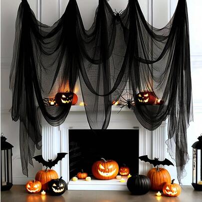 1 tấm rèm voan đen ma quái cho Halloween - Hoàn hảo để trang trí nhà ma, hộp đêm và phòng thoát hiểm, vải polyester, đồ trang trí Halloween, lưu trữ và sắp xếp cho nhà và gara