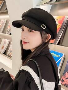 1pc Letter Buckle Octagonal Cap Beret Hat, Fashionable Brimmed Beret Cap, Suitable For Women, Versatile Spring/Summer Korean Style, Fits Large Head - Black - View 18
