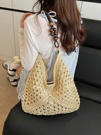 Summer Essential! Handmade Crochet Hollow Tote Bag, Wooden Handle, Exudes Casual Chic Vibe
