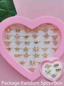 5pcs/Set + Gift Box Gold Adjustable Rings, Children Girls Jewelry, Alloy Rings, Jewelry Gift, Random Delivery