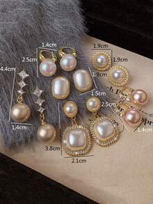 6 pares de pendientes elegantes y vintage con diseño geométrico cuadrado de perlas falsas, minimalistas y elegantes, versátiles para uso diario y festivo de las mujeres - Conjunto N - Ver 8