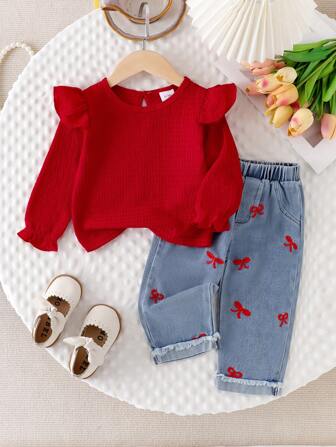2pcs Baby Girl Casual Solid Color Ruffle Trim Long Sleeve Top And Butterfly Embroidered Elastic Waist Denim Pants Outfit, Spring/Autumn