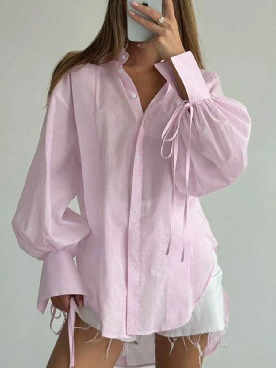 Stylowa bluzka z odkrytym przodem i przezroczystym kołnierzykiem, z rękawami typu latarnia, szykowna, lekka, tkana koszula na co dzień, randkę, imprezę, brunch, lotnisko, na każdą porę roku, wiosnę, lato, jesień i zimę