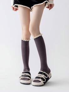 1双女士秋冬蕾丝袜，加厚保暖过膝袜 - 彩色 - 查看 8