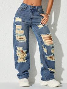 Rave Y2K Vintage High Waist Ripped Straight Leg Jeans With Side Pockets - Navy Blue - View 6