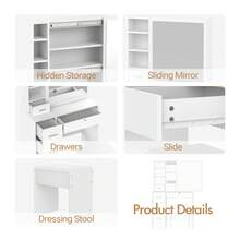 Advwin Advwin Dressing Table Stool Set Makeup Dresser Slide Mirror White