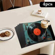1/4/6/90pcs Set Vintage Turntable & Vinyl Record Printed Placemats, Woven Polyester Rectangular Tablemats, Hand Wash Only, Kitchen & Home Decor, Indoor/Outdoor Dining Decoration