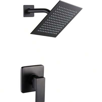 Matte Black Shower Faucet Set Bathroom Rainfall Shower System With Stainless Steel Metal Showerhead Single Function Shower Trim Kit With Rough-In Valve 8" Slim Square Top Spray