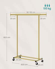 Burro Ropa con Ruedas, Perchero Burro Extensible con Carga Pesada, Capacidad de Carga Máx. de 100 kg, Fácil de Montar, Portátil, Oro Pálidom,Vuelta al Cole - Dorado - Ver 5