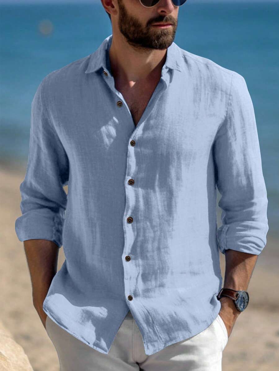 Men's Spring And Summer Solid Color Casual Shirt , Daily Commuting , Fall, Long Sleeve Top - Baby Blue - View 1