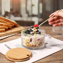 4-Piece Set 450ml/15.2oz, Overnight Oat Container With Bamboo Lid And Spoon - Transparent Embossed Glass Cup, Cute Coffee Bar Accessory, Iced Coffee Cup, Suitable For Halloween, Christmas, Easter, Thanksgiving. - Transparent - View 8
