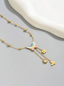 1 bông tai nữ bằng thép không gỉ hình bướm nhiều màu và hình giọt nước đính đá Zirconia, trang sức thời trang mạ vàng 18K - Vàng - Xem 2