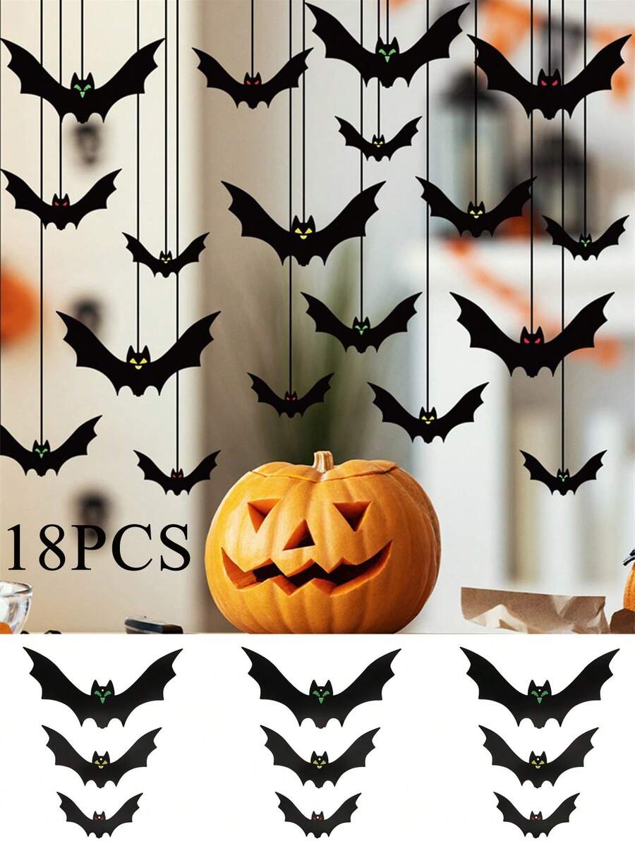 18 件悬挂蝙蝠万圣节装饰吓人假黑色悬挂飞蝙蝠怪异装饰万圣节庭院标志派对用品