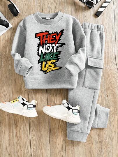 Toddler Letter Print Warm Crew Neck Sweatshirt And Pants Set