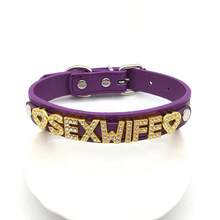 1件性感内衣配饰，紫色皮革水钻“SEXWIFE”颈链，个性化哥特角色扮演首饰 - 彩色 - 查看 4