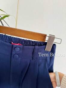 ISADORA MODA Women's Carrot Twill Pants, 2 Buttons, With Pockets, Solid Color() - Navy Blue - View 2