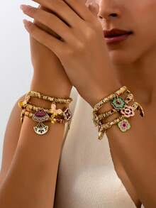 1 件传统蓝花珐琅串珠手链，中国风金手镯，时尚别致的女士日常佩戴首饰 - 多色 - 查看 7