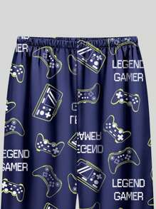 2 件套青少年男孩电子游戏印花中式立领长袖纽扣上衣和裤子休闲睡衣套装 - 彩色 - 查看 6