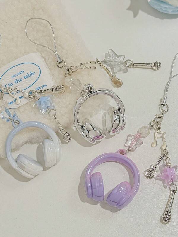 1pc Simple Music Theme Mini Earphone Phone Charm With Musical Notes, Guitar And Microphone Pendant, Bag Charm, Perfect Holiday Gift For Women Girls