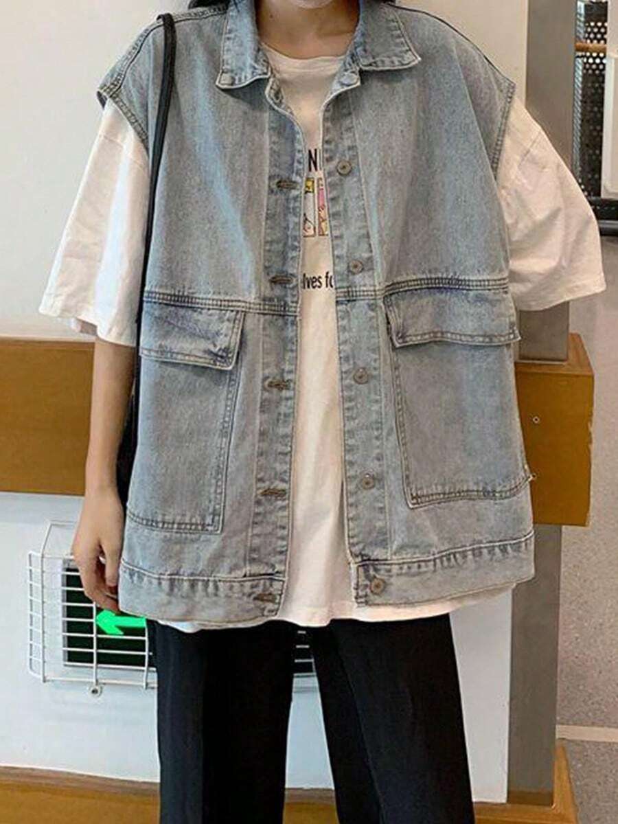 Las mujeres de mezclilla chaleco suelto fuera de desgaste versátil versión coreana de los hombros sin mangas ropa de trabajo chaqueta de mezclilla - Azul - Ver 1