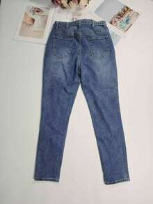 秋季高腰复古腰带紧身牛仔裤，适合日常休闲穿着 - 藍色 - 查看 6