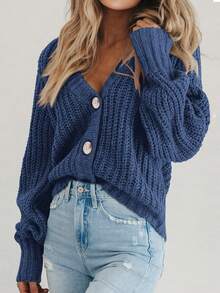 Women's Fall Chunky Knit Open Front Sweater Long Sleeve Button Loose Short Cardigan Outerwear Coats - 灰藍色 - 查看 4