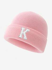 1pc Women's Fashion 26 Faux Pearl Letter Decor Elastic Warm Knit Hat, Outdoor Cold-Proof Cap, Suitable For Autumn/Winter Daily Wear, Matching, Great Gift Autumn Accessories - Pink - View 20