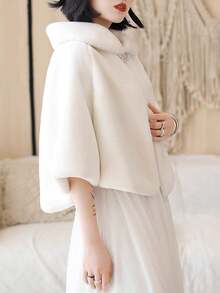 1 件简约百搭蓬松新娘披肩，时尚新款新娘婚礼披肩夹克，厚实保暖的外套配饰，冬季新娘礼物，女士温暖毛绒披肩秋装 - A - 查看 11