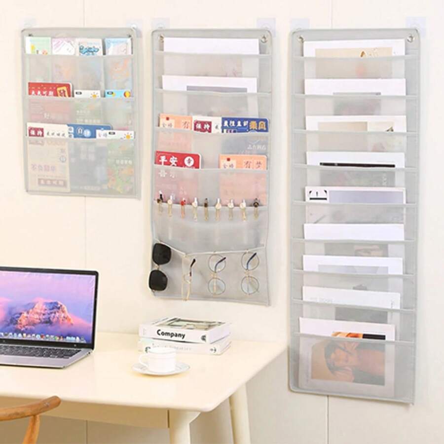 Bolsa de almacenamiento colgante para documentos, tabla de bolsillo de almacenamiento de tela Oxford, soporte plegable para archivos, organizador de tela en cascada para oficina QYHJ - cuadrícula gris - Ver 1