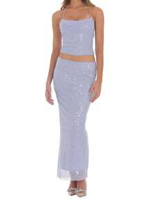 Women Sequin 2 Piece Set Tie-Up Halter Neck Open Back Crop Tops Low Rise Long Bodycon Skirt For Party Club - Blue - View 6