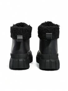 秋冬黑色保暖内衬纯色系带厚底枪灰色鞋眼金属装饰高帮保暖女鞋，百搭休闲时尚冬季户外踝靴，欧美摩托车风格