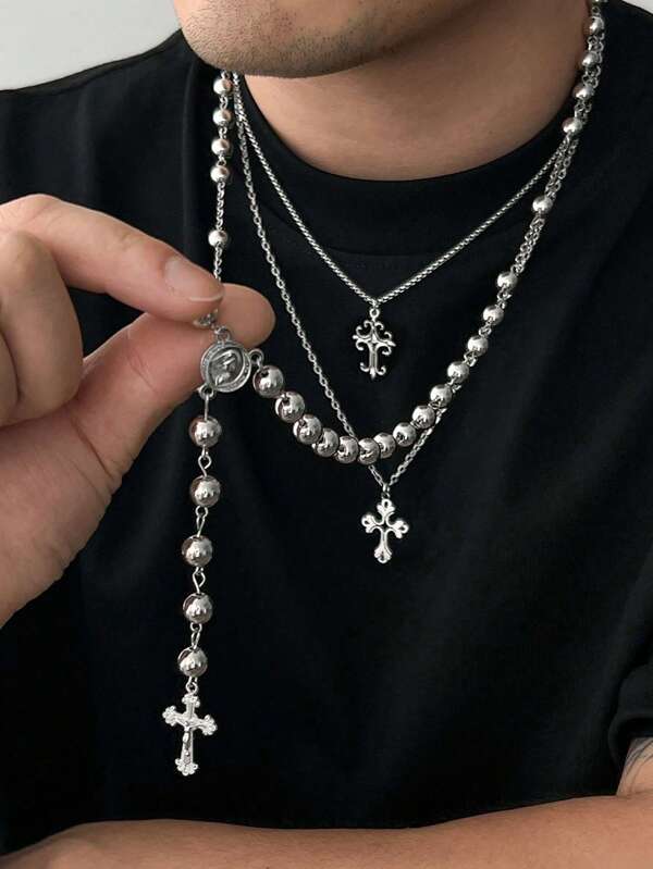 3pcs/Set Vintage Fashion Multi-Layer Necklace Set, Cross Pendant Necklace, Y-Shaped Choker Necklace, Beaded Necklace, Suitable For Men And Women, Daily Wear, Party, Banquet, Fashion Jewelry