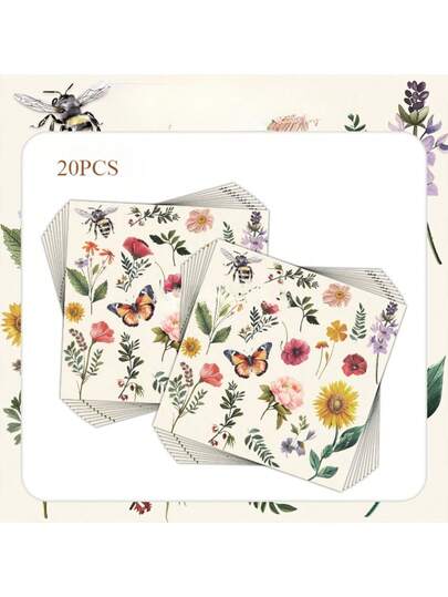 Vintage Spring Butterfly Birthday Party Cocktail Napkins, Restaurant, Banquet, Family Gathering, Party Decorative Paper Napkins, Picnic, Camping, Afternoon Tea, Anniversary, Disposable Decorative Napkins