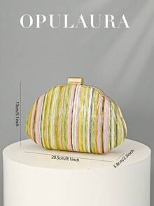 OpulAura 多色条纹闪光手拿包，女士简约贝壳形奢华皮革晚宴手提包，优雅迷人，适合正式礼服，闪闪发光的鸡尾酒会钱包，浪漫婚礼手拿包，配有可拆卸链条 - 彩色 - 查看 3